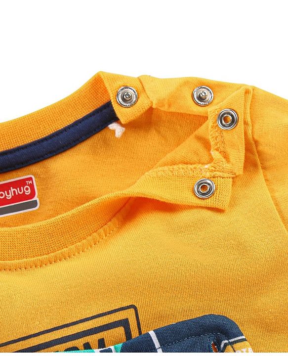 Babyhug Single Jersey Woven Dungaree with Full Sleeves T- Shirt Text Printed - Orange & Navy Blue