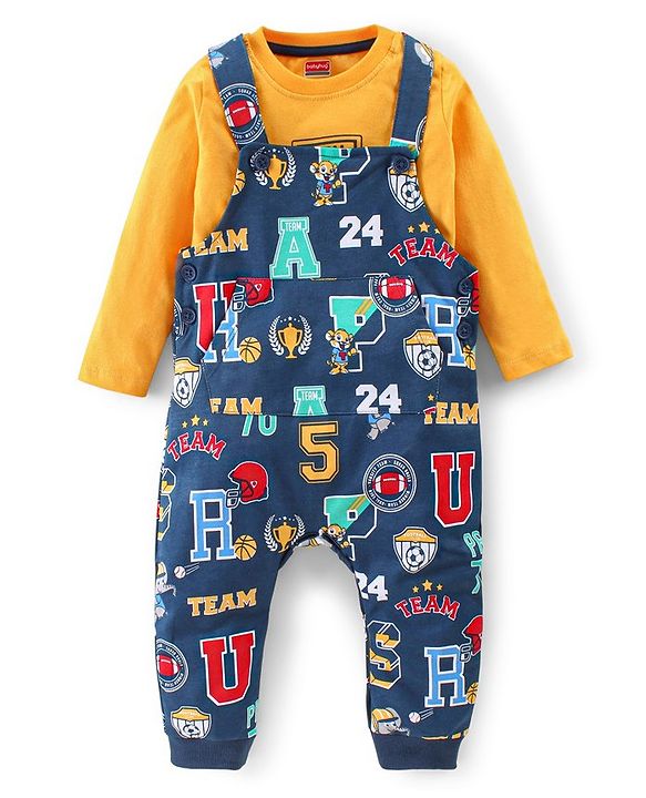 Babyhug Single Jersey Woven Dungaree with Full Sleeves T- Shirt Text Printed - Orange & Navy Blue