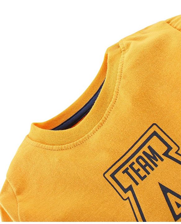 Babyhug Single Jersey Woven Dungaree with Full Sleeves T- Shirt Text Printed - Orange & Navy Blue