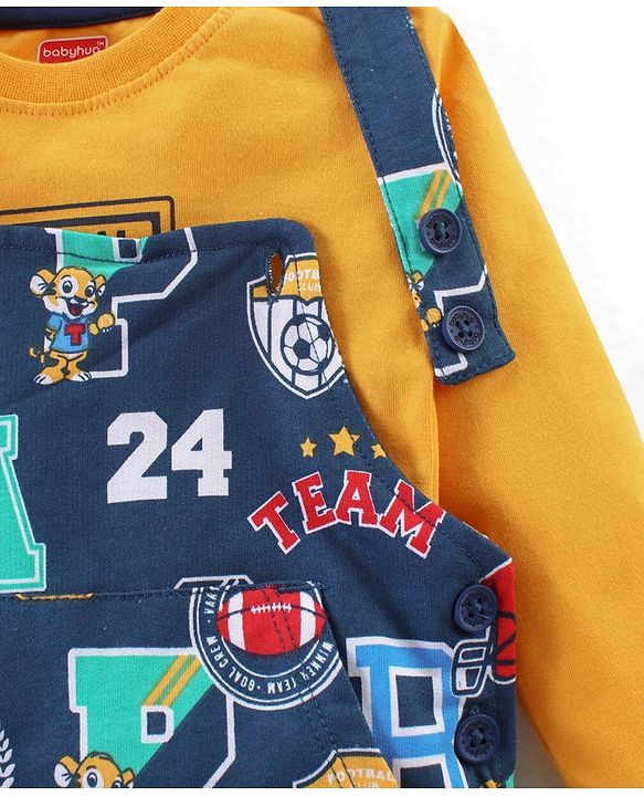 Babyhug Single Jersey Woven Dungaree with Full Sleeves T- Shirt Text Printed - Orange & Navy Blue