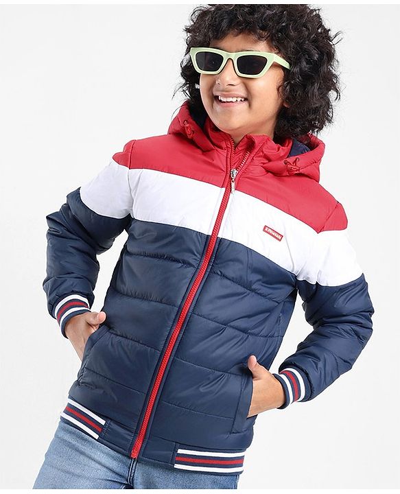 Pine Kids Full Sleeves Medium Winter Hooded Jacket Solid Colour Block Design - Navy Blue