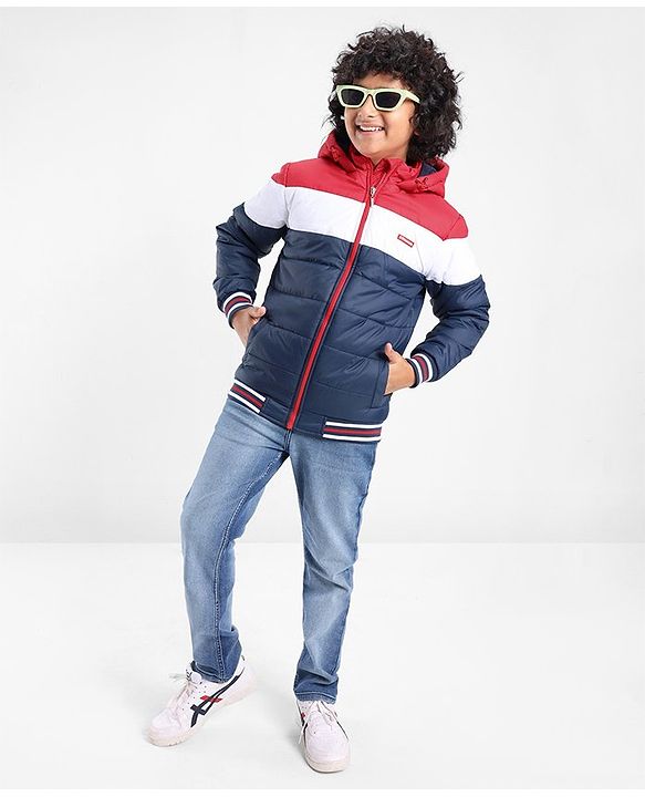 Pine Kids Full Sleeves Medium Winter Hooded Jacket Solid Colour Block Design - Navy Blue