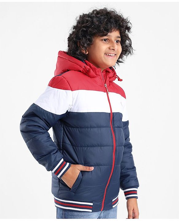 Pine Kids Full Sleeves Medium Winter Hooded Jacket Solid Colour Block Design - Navy Blue