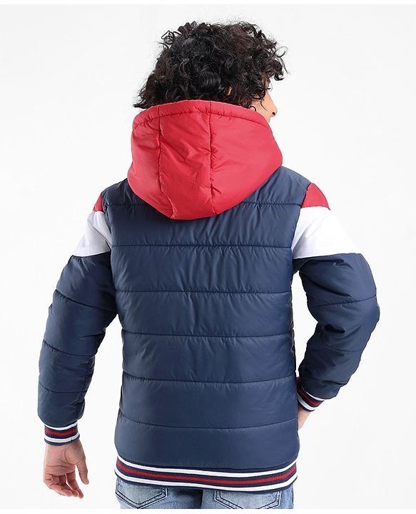 Pine Kids Full Sleeves Medium Winter Hooded Jacket Solid Colour Block Design - Navy Blue
