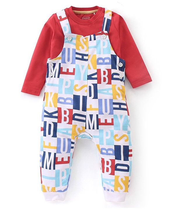 Babyhug 100% Cotton Knit Letters Print Dungaree with Full Sleeves Inner Tee - Red