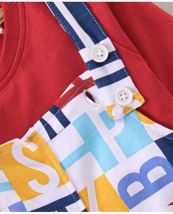 Babyhug 100% Cotton Knit Letters Print Dungaree with Full Sleeves Inner Tee - Red