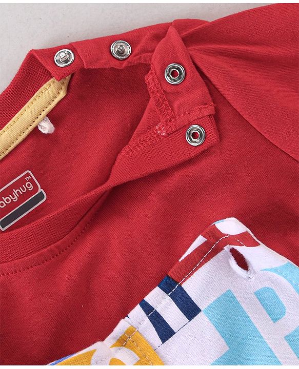 Babyhug 100% Cotton Knit Letters Print Dungaree with Full Sleeves Inner Tee - Red
