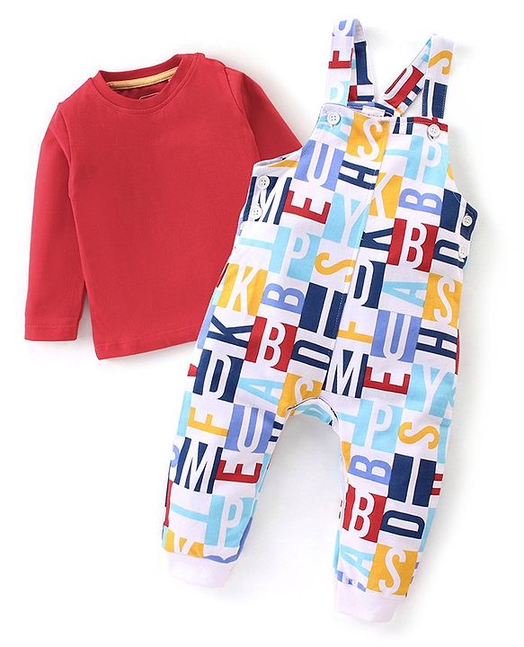 Babyhug 100% Cotton Knit Letters Print Dungaree with Full Sleeves Inner Tee - Red