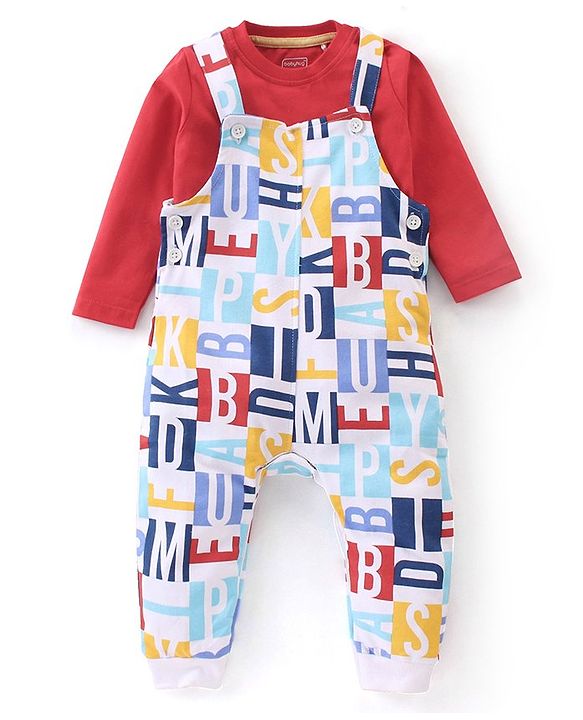 Babyhug 100% Cotton Knit Letters Print Dungaree with Full Sleeves Inner Tee - Red