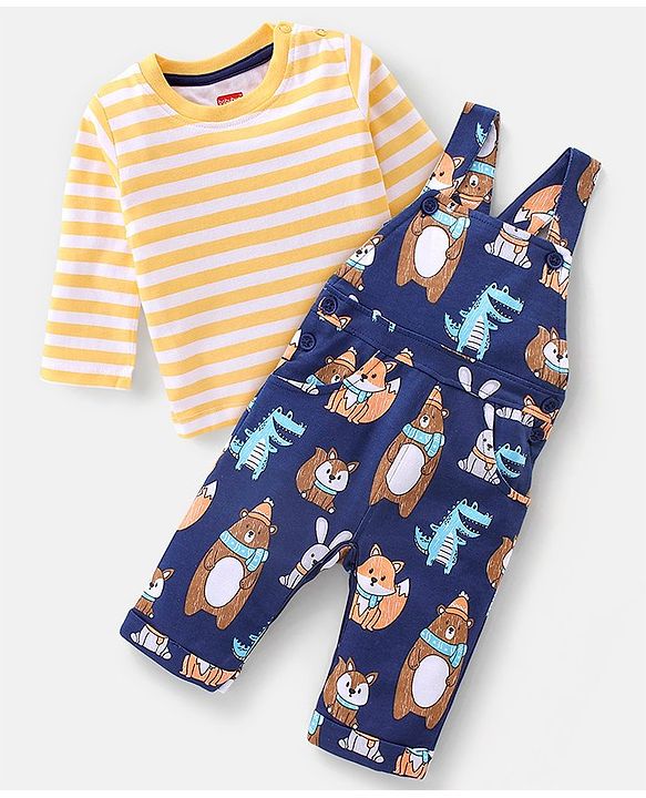 Babyhug 100% Cotton Knit Bear Print Dungaree with Full Sleeves Stripe Inner Tee - Yellow & Blue