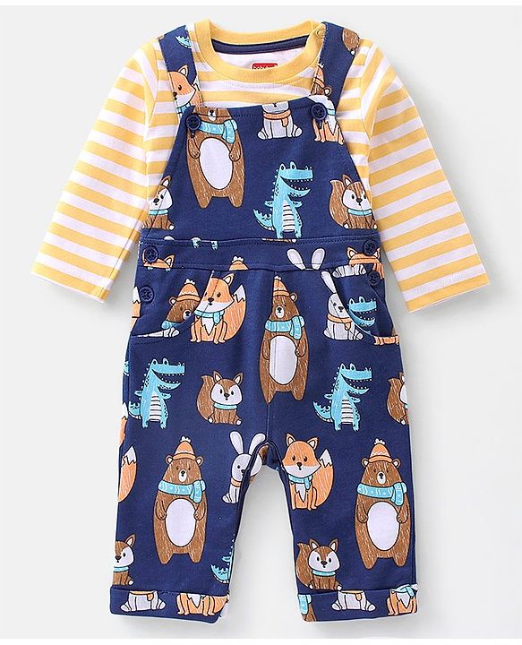 Babyhug 100% Cotton Knit Bear Print Dungaree with Full Sleeves Stripe Inner Tee - Yellow & Blue