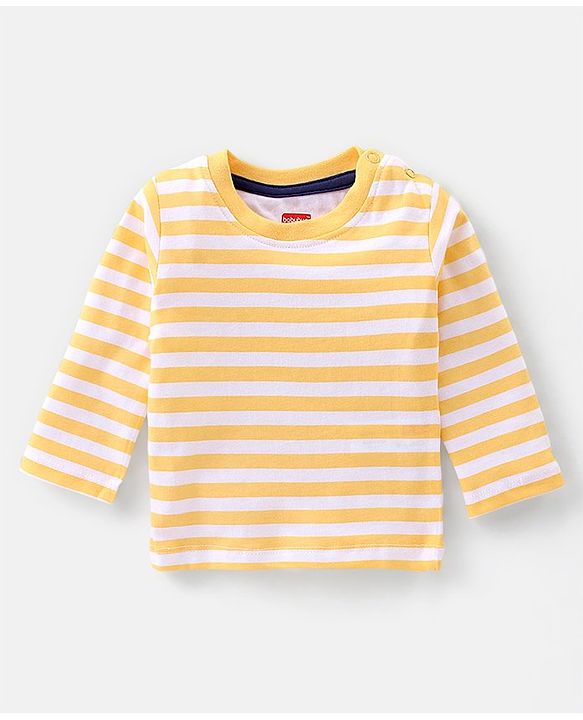 Babyhug 100% Cotton Knit Bear Print Dungaree with Full Sleeves Stripe Inner Tee - Yellow & Blue