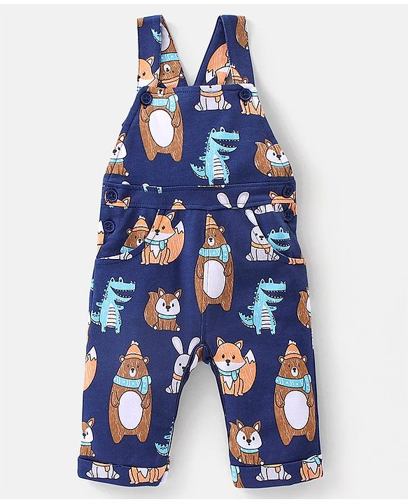 Babyhug 100% Cotton Knit Bear Print Dungaree with Full Sleeves Stripe Inner Tee - Yellow & Blue