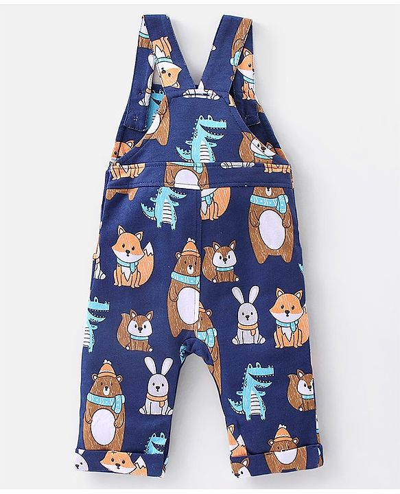 Babyhug 100% Cotton Knit Bear Print Dungaree with Full Sleeves Stripe Inner Tee - Yellow & Blue