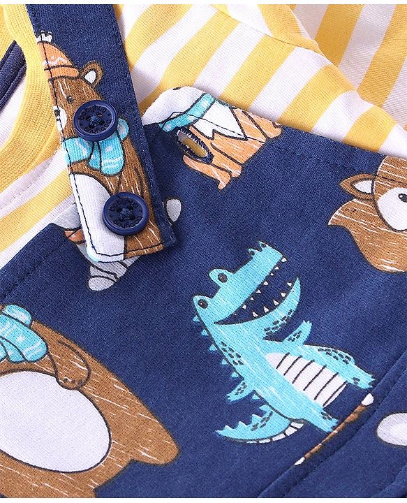 Babyhug 100% Cotton Knit Bear Print Dungaree with Full Sleeves Stripe Inner Tee - Yellow & Blue