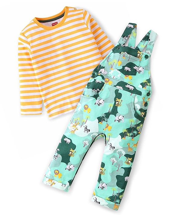 Babyhug 100% Cotton Knit Full Sleeves Inner Tee with Jungle Theme Printed  Dungaree - Orange Green