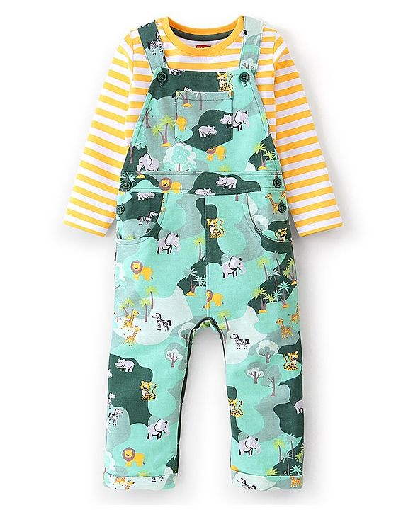 Babyhug 100% Cotton Knit Full Sleeves Inner Tee with Jungle Theme Printed  Dungaree - Orange Green