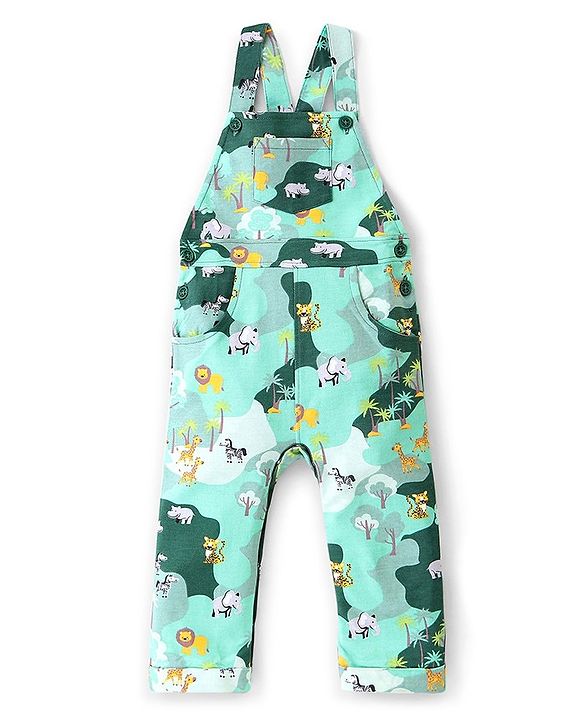 Babyhug 100% Cotton Knit Full Sleeves Inner Tee with Jungle Theme Printed  Dungaree - Orange Green