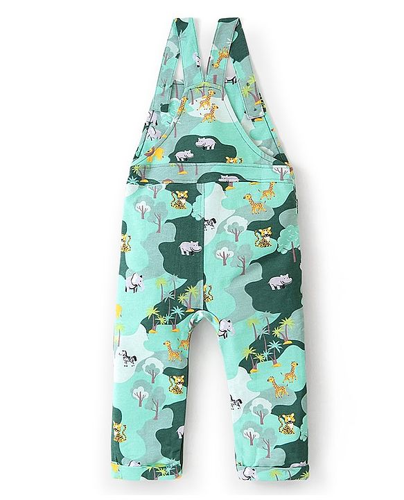 Babyhug 100% Cotton Knit Full Sleeves Inner Tee with Jungle Theme Printed  Dungaree - Orange Green