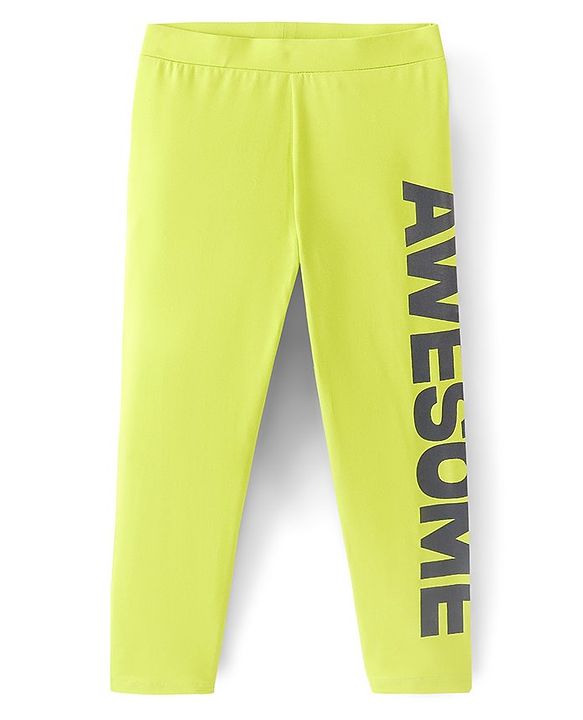 Pine Kids Cotton Stretchable Solid Full Length Leggings Text Printed - Lime Green