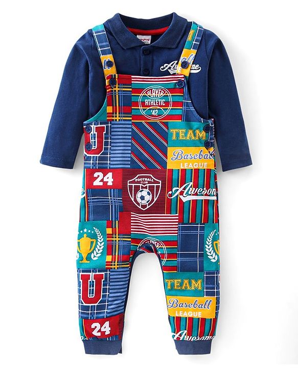 Babyhug Cotton Knit Dungaree with Full Sleeves T-Shirt Graphics Print - Multicolour