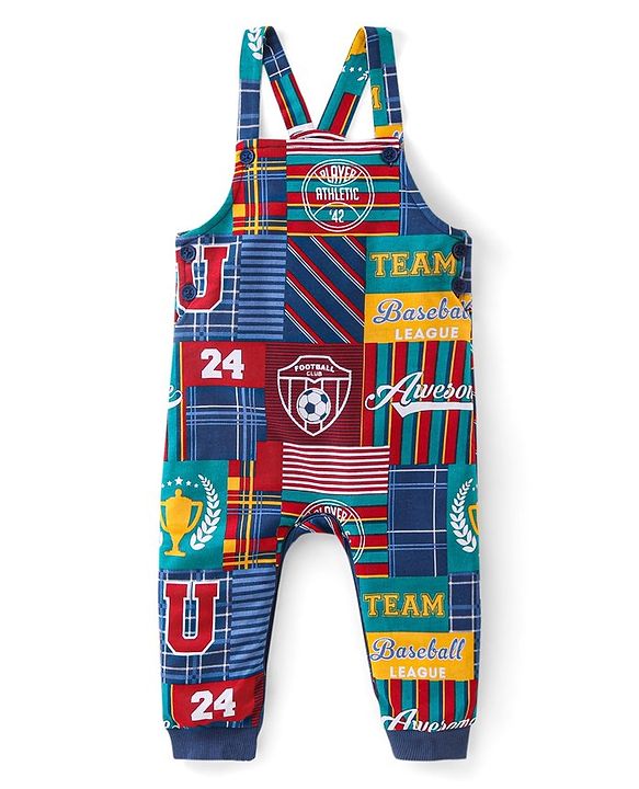 Babyhug Cotton Knit Dungaree with Full Sleeves T-Shirt Graphics Print - Multicolour