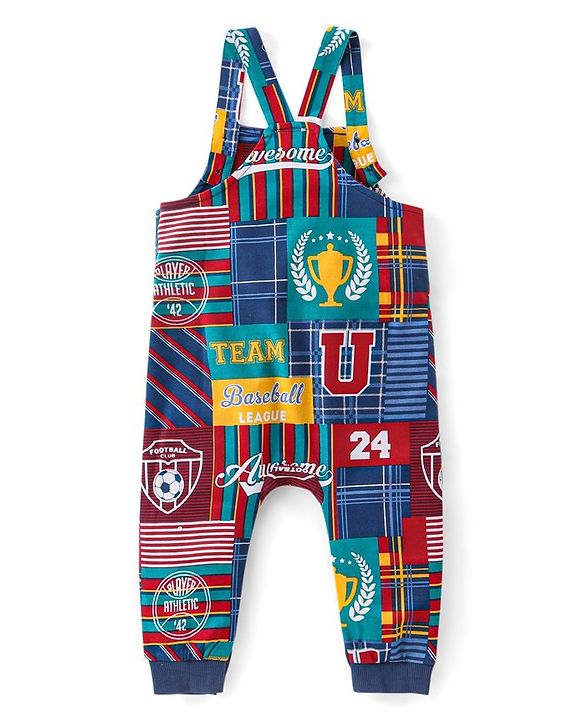 Babyhug Cotton Knit Dungaree with Full Sleeves T-Shirt Graphics Print - Multicolour