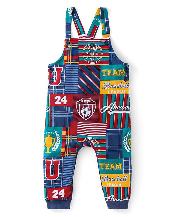 Babyhug Cotton Knit Dungaree with Full Sleeves T-Shirt Graphics Print - Multicolour