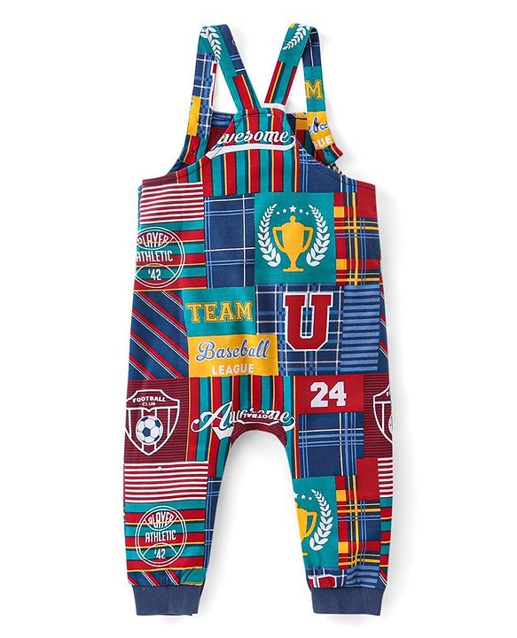 Babyhug Cotton Knit Dungaree with Full Sleeves T-Shirt Graphics Print - Multicolour