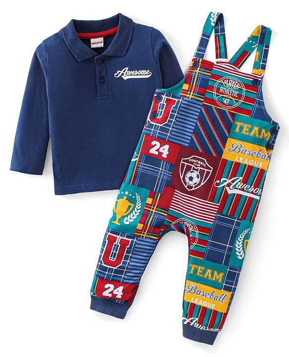 Babyhug Cotton Knit Dungaree with Full Sleeves T-Shirt Graphics Print - Multicolour