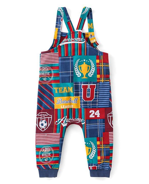 Babyhug Cotton Knit Dungaree with Full Sleeves T-Shirt Graphics Print - Multicolour