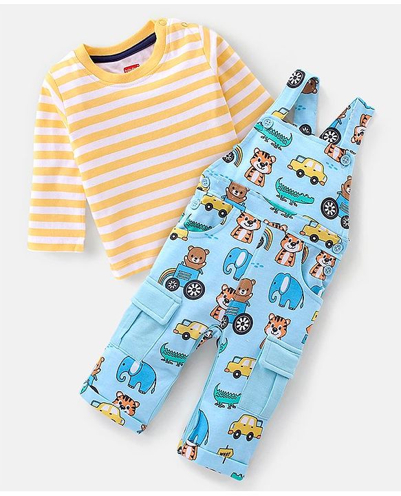Babyhug 100% Cotton Knit Elephant Print Dungaree with Full Sleeves Stripe Inner Tee - Orange & Blue