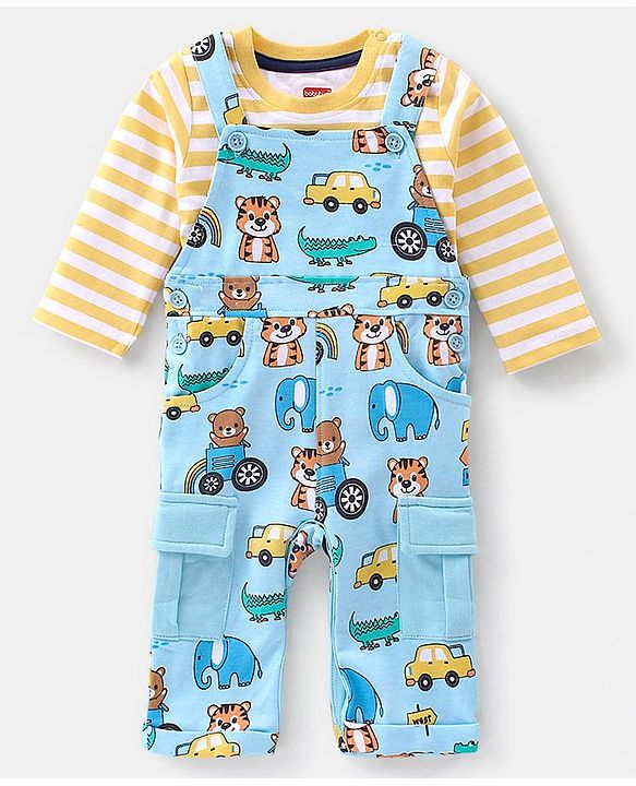 Babyhug 100% Cotton Knit Elephant Print Dungaree with Full Sleeves Stripe Inner Tee - Orange & Blue