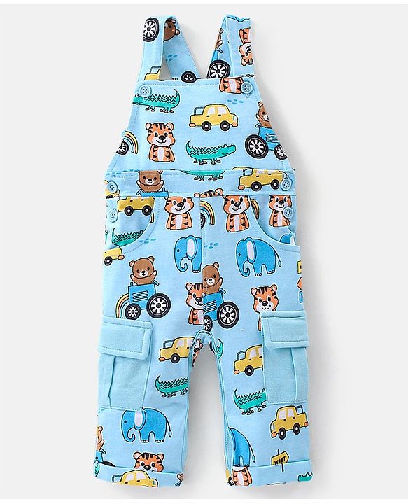 Babyhug 100% Cotton Knit Elephant Print Dungaree with Full Sleeves Stripe Inner Tee - Orange & Blue