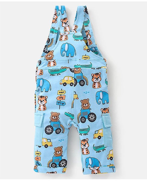Babyhug 100% Cotton Knit Elephant Print Dungaree with Full Sleeves Stripe Inner Tee - Orange & Blue