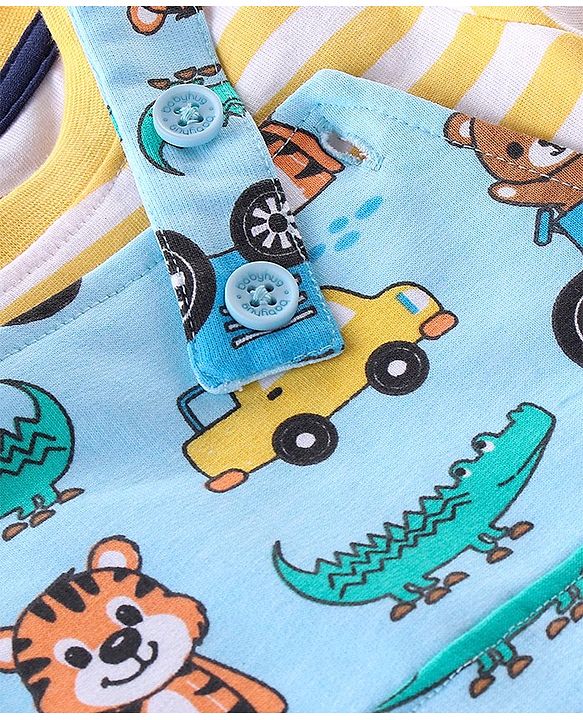 Babyhug 100% Cotton Knit Elephant Print Dungaree with Full Sleeves Stripe Inner Tee - Orange & Blue