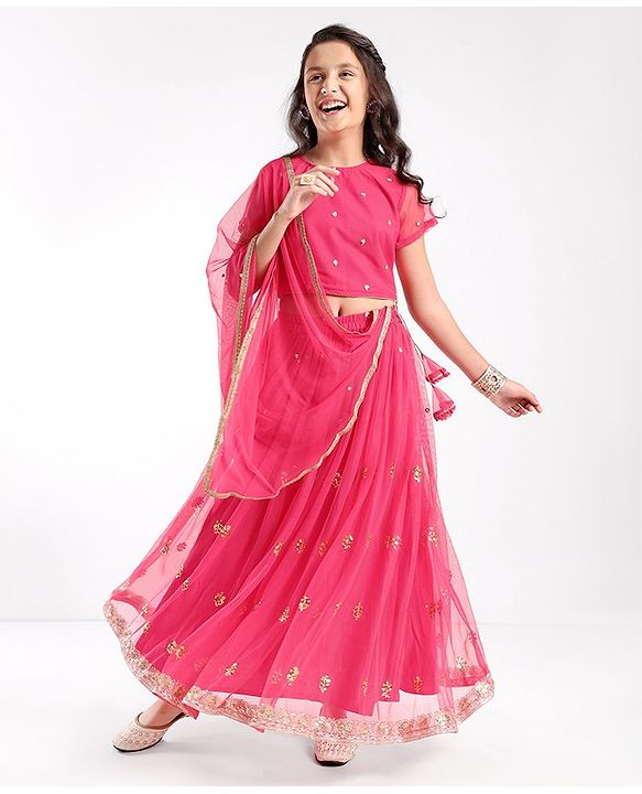 Pine Kids All Over Embroidered Half  Sleeves Choli Lehenga  Set With Dupatta - Pink