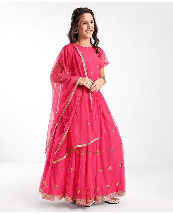 Pine Kids All Over Embroidered Half  Sleeves Choli Lehenga  Set With Dupatta - Pink
