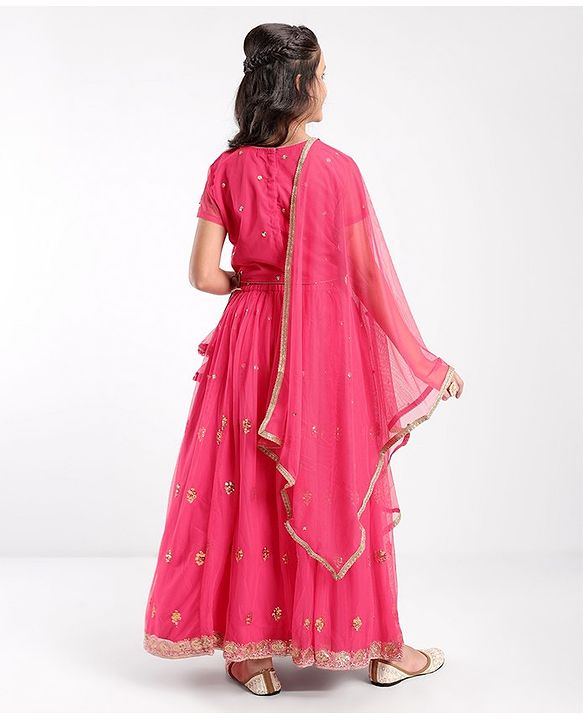 Pine Kids All Over Embroidered Half  Sleeves Choli Lehenga  Set With Dupatta - Pink