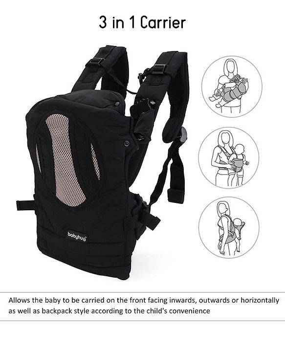 Babyhug Snuggle Me 3 Way Baby Carrier With Adjustable Protective Hood - Black