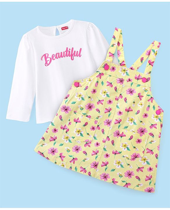 Babyhug 100% Cotton Frock With Full Sleeves Inner Tee Floral Print- Yellow Pink & White
