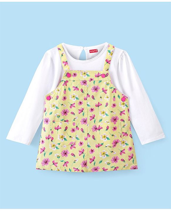 Babyhug 100% Cotton Frock With Full Sleeves Inner Tee Floral Print- Yellow Pink & White
