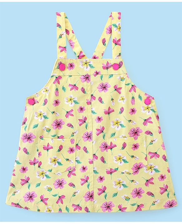 Babyhug 100% Cotton Frock With Full Sleeves Inner Tee Floral Print- Yellow Pink & White