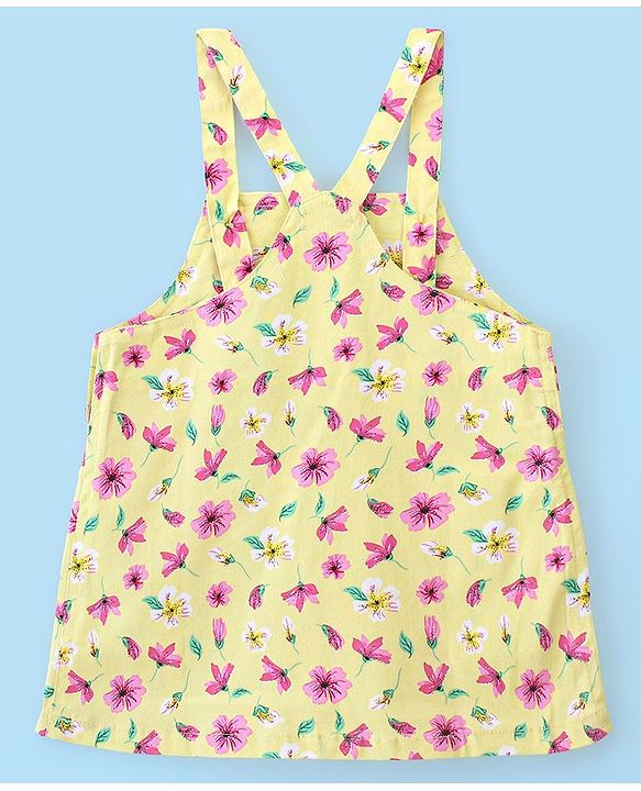 Babyhug 100% Cotton Frock With Full Sleeves Inner Tee Floral Print- Yellow Pink & White