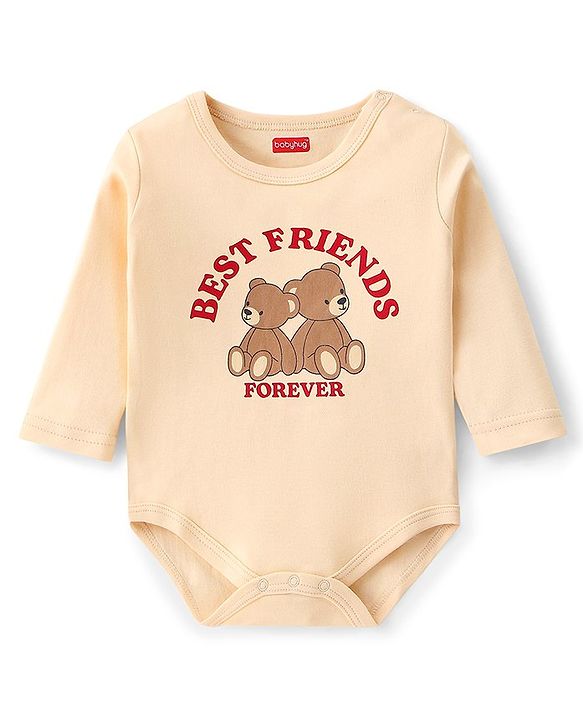 Babyhug Interlock Knit Full Sleeves Onesies With Teddy Print - Beige