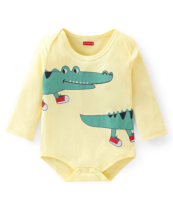 Babyhug 100% Cotton Knit Full Sleeves Crocodile Print Onesie - Yellow