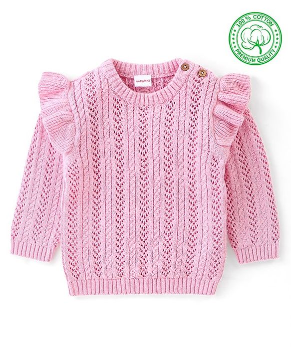 Babyhug Organic Cotton Full Frilled Sleeves Cable Knit Pullover - Light Pink