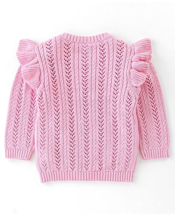 Babyhug Organic Cotton Full Frilled Sleeves Cable Knit Pullover - Light Pink