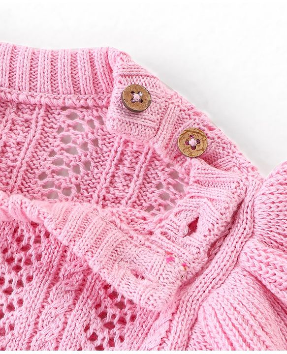 Babyhug Organic Cotton Full Frilled Sleeves Cable Knit Pullover - Light Pink