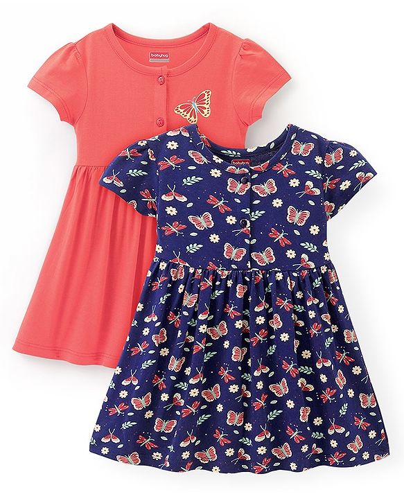 Babyhug 100% Cotton Knit Half Sleeves Butterfly Print Dress Pack of 2 - Red & Blue
